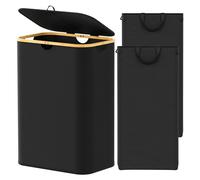 Panier à linge double avec 2 compartiments, 160 litres, noir, avec couvercle et poignées en bambou