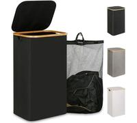 Panier à linge en bambou 110 L avec couvercle, grand panier à linge avec sac intérieur amovible et lavable, panier à linge haut de gamme avec poignées en bois noir
