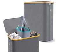 Panier à linge en bambou à 3 compartiments avec couvercle – 160 litres – avec armature métallique rigide – Sacs à linge lavables et amovibles – Gris – Capacité de charge : 20 kg