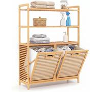 Panier à linge en bambou COSTWAY avec 2 compartiments et une étagère à 3 niveaux, 2 paniers à linge amovibles, trieur à linge de 54 litres avec 2 jeux de fixations anti-basculement