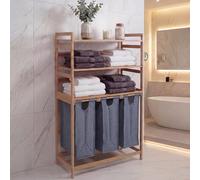 Panier à linge en bambou HWC-P78, panier à linge avec compartiments, étagère, organiseur de linge, 3 étagères, dimensions : 125 x 80 x 40 cm, capacité : 135 L ~ gris