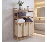 Panier à linge en bambou HWC-P78, trieur à linge, panier à linge, étagère, organiseur de linge, 3 étagères, ®, 125 x 80 x 40 cm, 135 L ~ crème