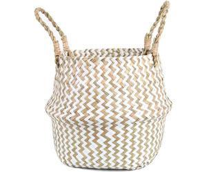 Panier à linge en rotin Tissé Ventre Paniers Décor Maison de stockage pour les fruits - Tissé à la main Varech Pliable - Poignée pour Organisateur Plantes Pot Couverture - Blanc - Taille M Rotin Panie