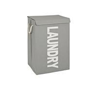 Panier à linge en tissu canvas gris, motif Laundry blanc - Longueur 40 x Hauteur 62 x Profondeur 30 cm --