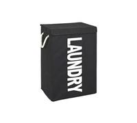 Panier à linge en tissu canvas noir motif Laundry blanc - Longueur 40 x Hauteur 62 x Profondeur 30 cm --