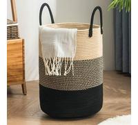 Panier à linge fait main en corde de coton Unyqoos®, 58 litres – 50 x 38 cm, tressé bicolore, stable, pliable et équipé de poignées