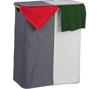 Panier à linge Famanu avec couvercle - 110 litres - Grand panier de tri pour le linge - 2 compartiments - En bambou et polyester - Portable - Gris et blanc