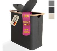 Panier à linge foncé avec 2 compartiments et couvercle, 150 litres, tissu en bambou, très grand bac de tri du linge XXL, collecteur de linge, gris, gris foncé, anthracite – Très grande capacité – Pour