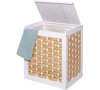 Panier à linge HWC-G37, Collecteur de linge Trieur de linge, bois massif look shabby tressé 61x51x35cm ~ blanc