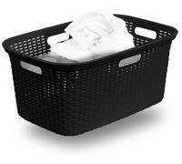 Panier à linge noir Unyqoos® imitation rotin, 40 litres - plastique résistant à l'humidité, 4 poignées de transport, polyvalent pour la salle de bain, la chambre et l'extérieur, fabriqué en Allemagne