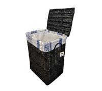 Panier à linge Panier à linge en osier noir rectangulaire Couvercle Housse Motif floral bleu 96 L