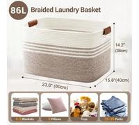 Panier à linge - Panier de rangement rectangulaire - 86 litres - 60 x 40 x 36 cm - Coton - Design tressé en corde - Poignées en cuir - Multicolore