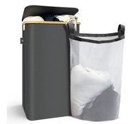 Panier a linge pliable 100L avec sac intérieur cadre bambou et couvercle gris