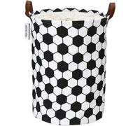 Panier à linge pliable, motif football, en toile, 45 x 35 cm, noir, avec cordon de serrage et poignées en simili cuir