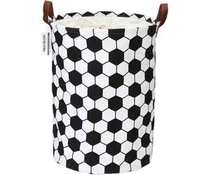 Panier à linge pliable, motif football, en toile, 45 x 35 cm, noir, avec cordon de serrage et poignées en simili cuir