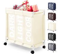 Panier à linge pliable sur roulettes, avec 3 compartiments, d'une capacité de 90 litres, en tissu Oxford