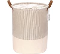 Panier à linge rayé en toile avec poignées en cuirPolyuréthane– pliable et imperméable – 44 x 35 cm, gris