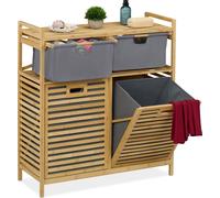 Panier à linge Relaxdays, 2 bacs basculants de 40 litres chacun, 2 tiroirs, bambou, tissu, dimensions : 95 x 88 x 33 cm, naturel/gris