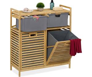 Panier à linge Relaxdays, 2 bacs basculants de 40 litres chacun, 2 tiroirs, bambou, tissu, dimensions : 95 x 88 x 33 cm, naturel/gris
