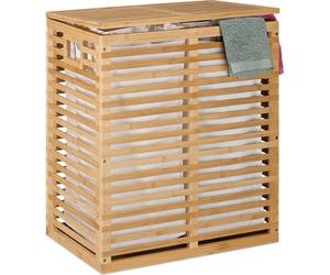Panier à linge Relaxdays avec couvercle, 2 sacs amovibles de 44 l chacun, dimensions : 61 x 53 x 35 cm, panier à linge en bambou, naturel/beige