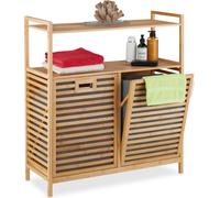 Panier à linge Relaxdays avec étagères, 2 bacs à linge basculants de 40 litres chacun, bambou et tissu, H x l x P : 95 x 88 x 33 cm, couleur naturelle