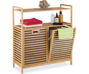 Panier à linge Relaxdays avec étagères, 2 bacs à linge basculants de 40 litres chacun, bambou et tissu, H x l x P : 95 x 88 x 33 cm, couleur naturelle