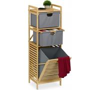 Panier à linge Relaxdays, bac à linge basculant, 30 l, étagère et 2 tiroirs, bambou, tissu, D x l x H : 120 x 40 x 33 cm, naturel/gris