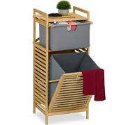 Panier à linge Relaxdays, bac à linge basculant, 30 litres, étagère et tiroir, bambou, tissu, dimensions : 95 x 40 x 33 cm, naturel/gris