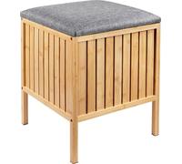 Panier à linge Relaxdays servant de siège, en bambou, avec couvercle rembourré, H x l x P : 52 x 39 x 39 cm, tabouret de salle de bain avec espace de rangement, naturel/gris