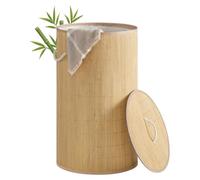 Panier à linge rond avec couvercle, 90 litres, en bambou. Naturel. Dimensions : 40 x 40 x 70 cm