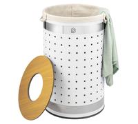 Panier à linge rond Eluno, avec sac à linge lavable et couvercle amovible, capacité de 50 litres, idéal pour la chambre ou la salle de bain. Panier de rangement en métal blanc.