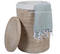 Panier à linge rond en rotin blanc avec couvercle et sac intérieur - Diamètre : 35 cm - Hauteur : 50 cm - Taille L