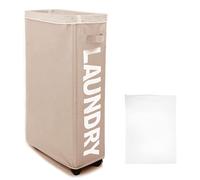 Panier à linge sur roulettes, 62 litres, couleur kaki, pliable, avec poignée et sac à linge amovible