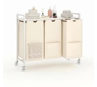 Panier à linge sur roulettes - Trieur de linge à 3 compartiments, capacité de 120 litres - En toile, avec sacs amovibles et étagère de rangement - Blanc beige