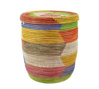 Panier à linge traditionnel africain - Fulani - Panier taille XXL avec couvercle plat - Tressé - Fait main - Fabriqué en Afrique - Hauteur : environ 65 cm (coloré-plat)