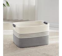 Panier à linge tressé, 45 litres, corde en coton avec poignées en cuir, blanc/gris, 45x35x27 cm