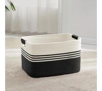 Panier à linge tressé, 45 litres, corde en coton avec poignées en cuir, blanc/noir, 45x35x27 cm