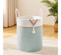 Panier à linge tressé, 53 litres, forme ronde, couleur vert clair, avec poignées en coton, idéal pour une chambre d'enfant, un salon ou une buanderie
