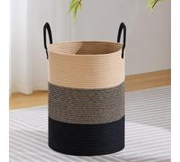 Panier à linge tressé, 58 litres, forme ronde, avec poignées en coton noir, idéal pour les chambres d'enfants, les salons ou les buanderies