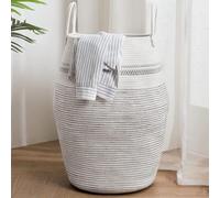 Panier à linge tressé, collecteur de linge, panier de rangement avec poignée, 105 litres, gris à rayures, coton, 38x50 cm