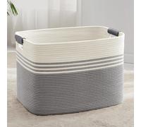 Panier à linge tressé, grande capacité (100 litres), en corde de coton avec poignées en cuir, blanc/gris, dimensions : 60 x 40 x 40 cm