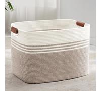 Panier à linge tressé, grande capacité (100 litres), pour le rangement. Fabriqué en corde de coton, avec des poignées en cuir. Couleur : blanc et marron. Dimensions : 60 x 40 x 40 cm