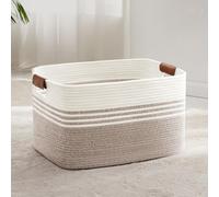 Panier à linge tressé, grande capacité (72 litres), corde en coton, poignées en cuir, blanc et marron, dimensions : 55 x 43 x 30 cm
