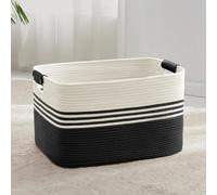 Panier à linge tressé, grande capacité (72 litres), en corde de coton avec poignées en cuir, blanc/noir, dimensions : 55 x 43 x 30 cm