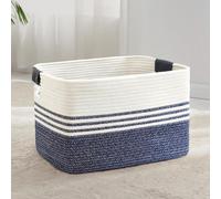 Panier à linge tressé, grande capacité (72 litres), en corde de coton, blanc et bleu, dimensions : 55 x 43 x 30 cm