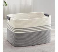 Panier à linge tressé, grande capacité (86 litres), pour le rangement. Fabriqué en corde de coton, avec des poignées en cuir. Couleur : blanc/gris. Dimensions : 60 x 40 x 36 cm