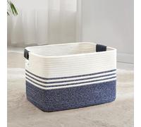 Panier à linge tressé, grande taille, 60 litres, corde en coton, poignées en cuir, blanc et bleu, dimensions : 53 x 38 x 29 cm