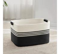 Panier à linge tressé, grande taille, 60 litres, corde en coton, poignées en cuir, blanc et noir, dimensions : 53 x 38 x 29 cm