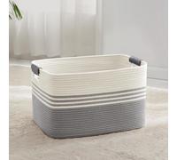 Panier à linge tressé, grande taille, 60 litres, en corde de coton, blanc/gris, dimensions 53x38x29 cm, avec poignées en cuir