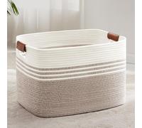 Panier à linge tressé, grande taille, 86 litres. Panier de rangement avec poignées en cuir, dimensions : 60 x 40 x 36 cm. Couleur : blanc et marron